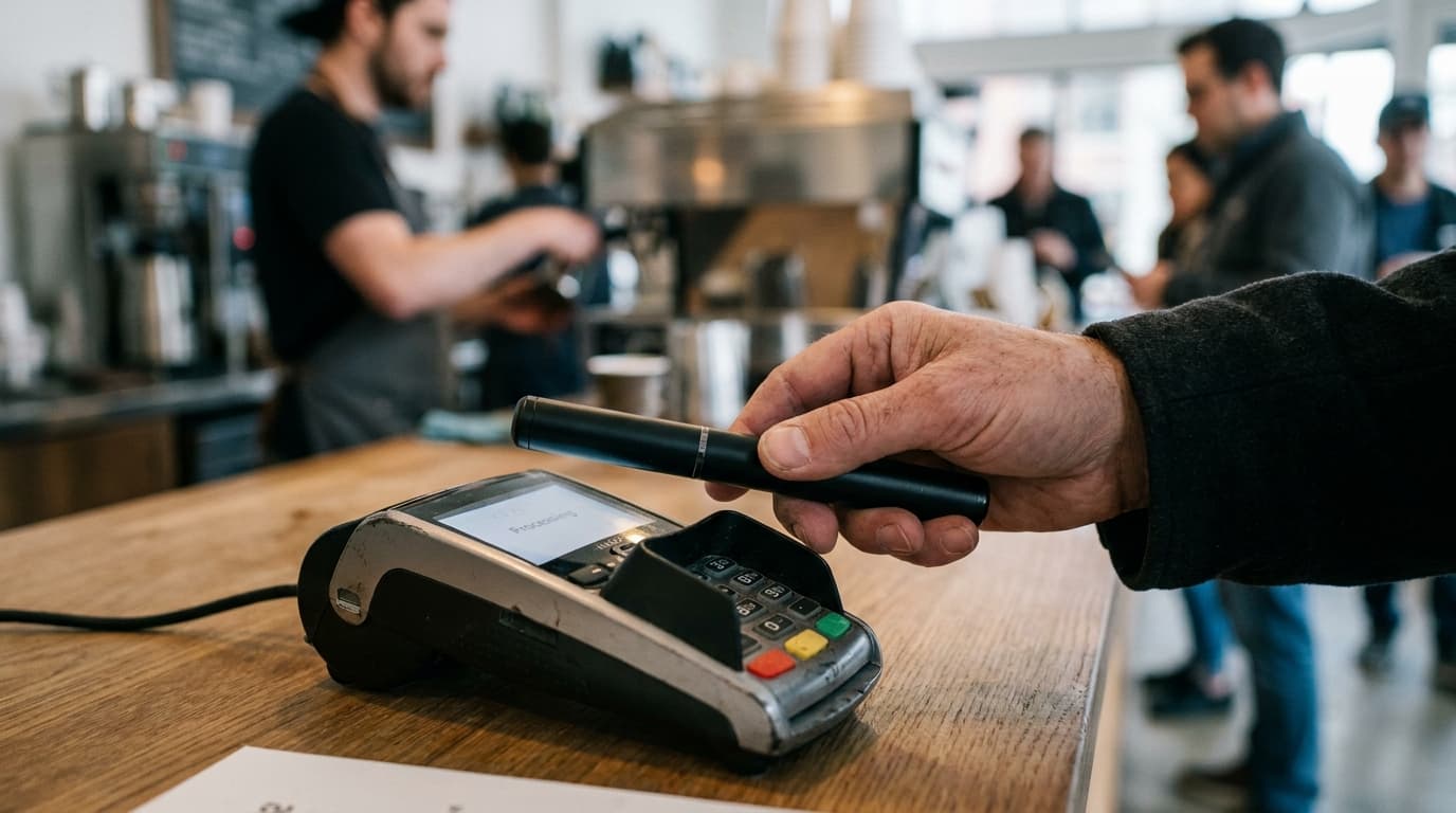 A person uses a black wand-shaped device to make a contactless payment at a retail store's checkout counter.