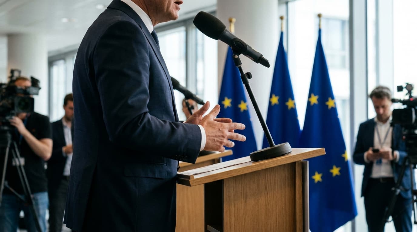 A European Commission official giving a speech about technology policy at a press conference in Brussels.