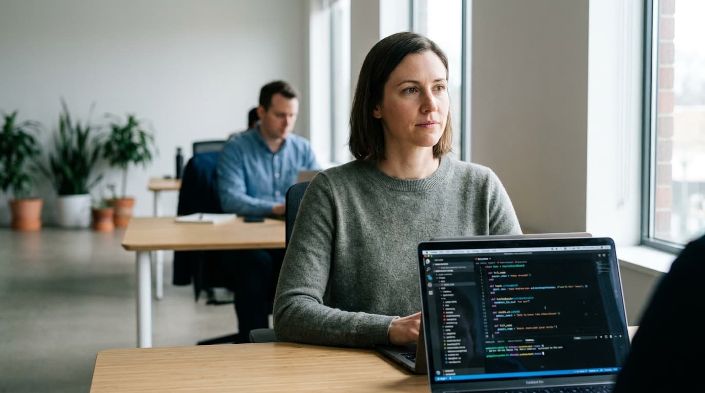 A developer in an office setting reviews Ruby code on a laptop, contemplating a software security challenge.