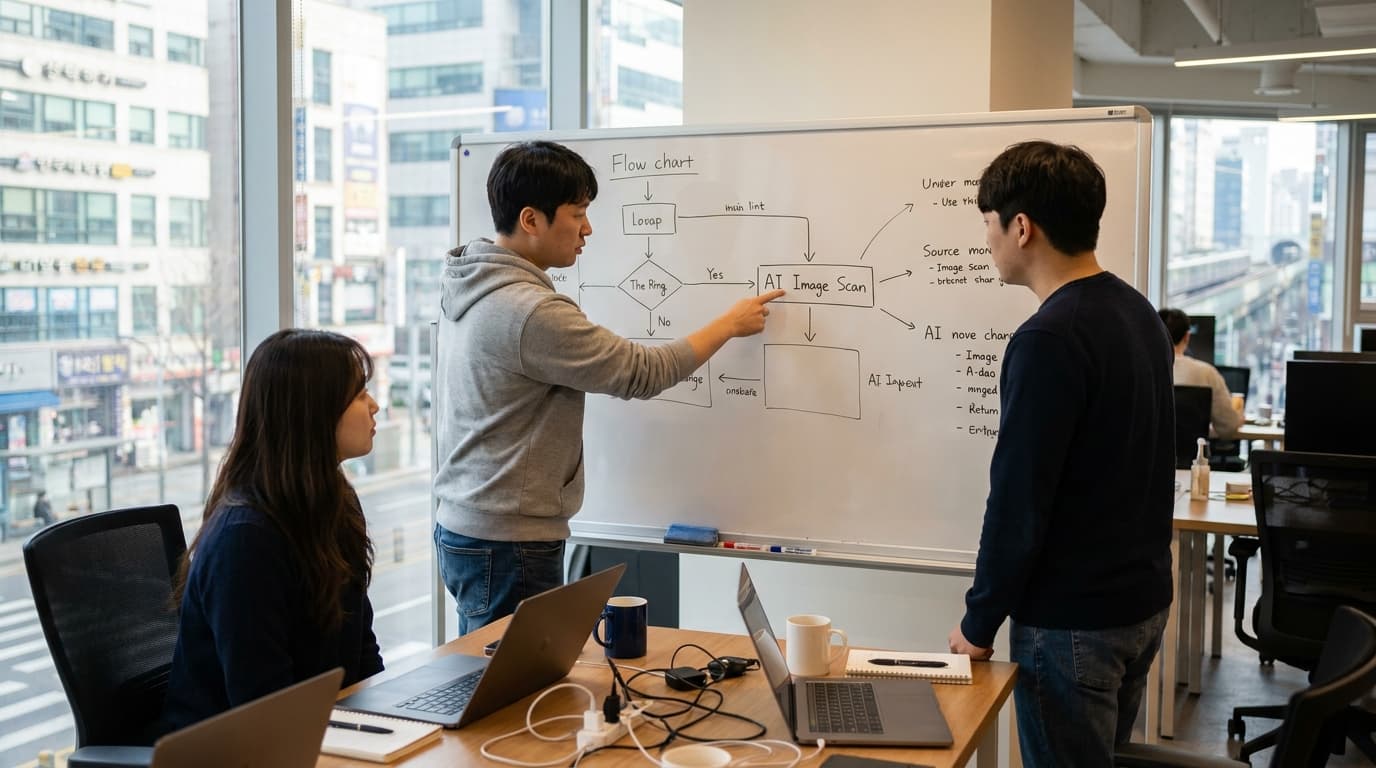 A team of engineers in an office discussing a system architecture diagram on a whiteboard that includes an AI scanning module.