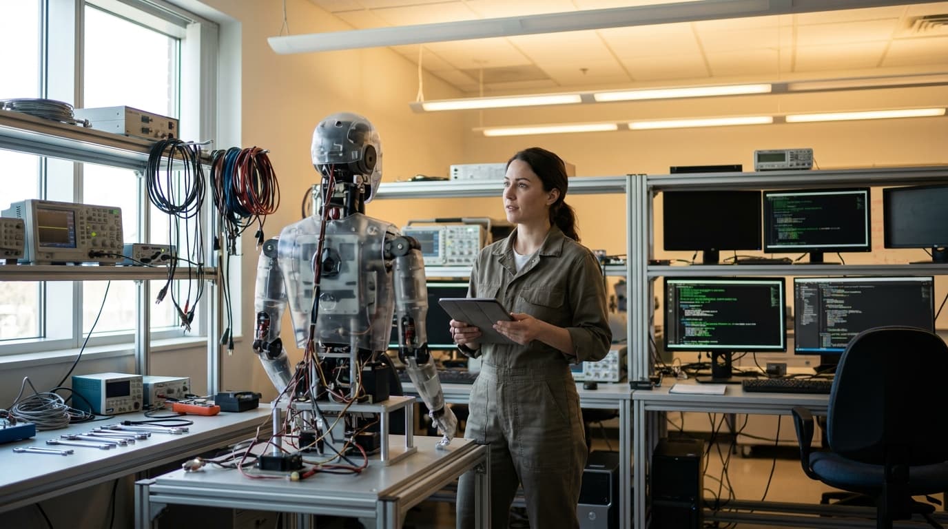 An engineer in a lab reviews data on a tablet while standing next to a humanoid robot under development.