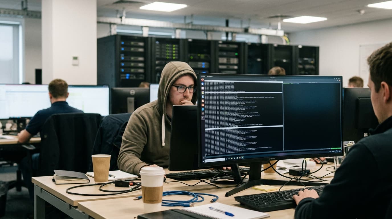 A cybersecurity analyst works at a computer in a dimly lit office, examining security data on a screen.