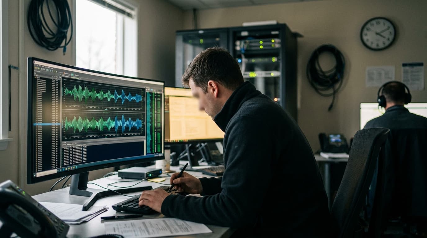 An analyst in a control room studies a complex GPS signal waveform displayed on a computer monitor.