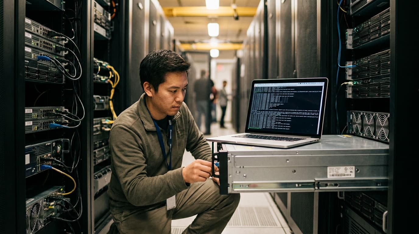 A technician works on an open server in a data center rack, reviewing security information on a laptop.