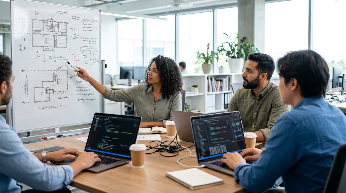Three software engineers discuss an AI system's security architecture, pointing to diagrams on a whiteboard in a meeting room.