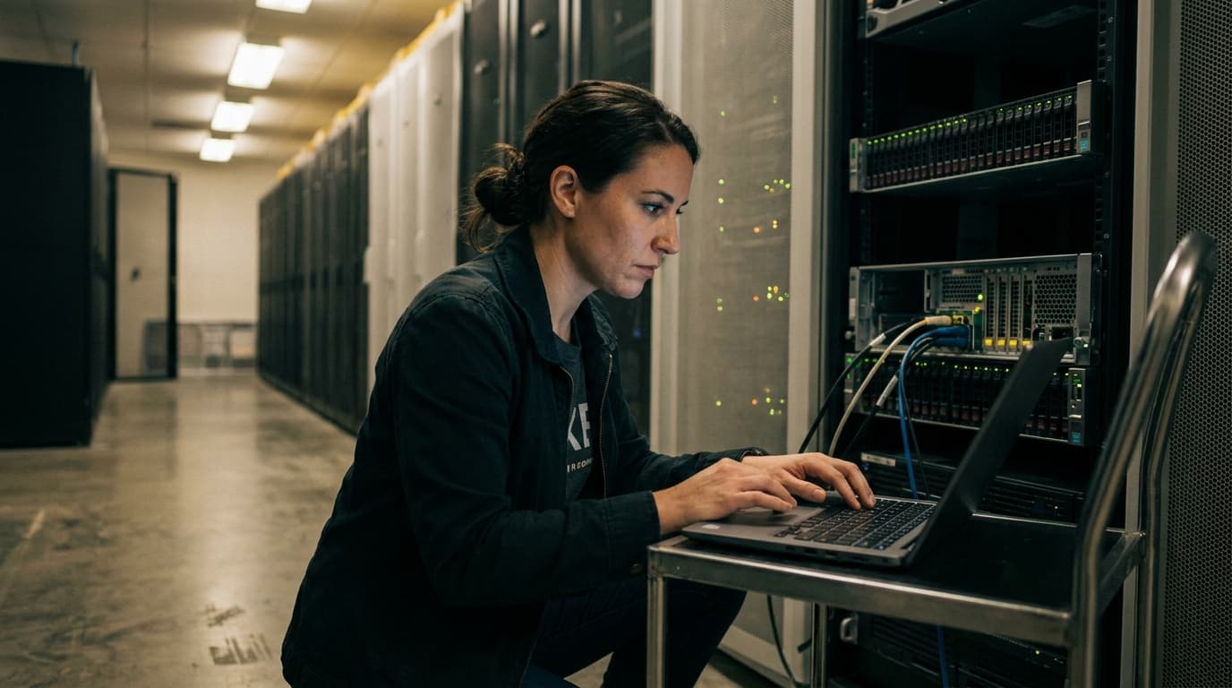 A focused IT professional works on a laptop in front of a large server rack inside a data center.
