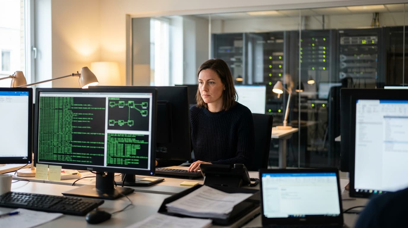 A network security engineer sits at a desk in an office, analyzing security logs on a computer screen with server racks in the background.