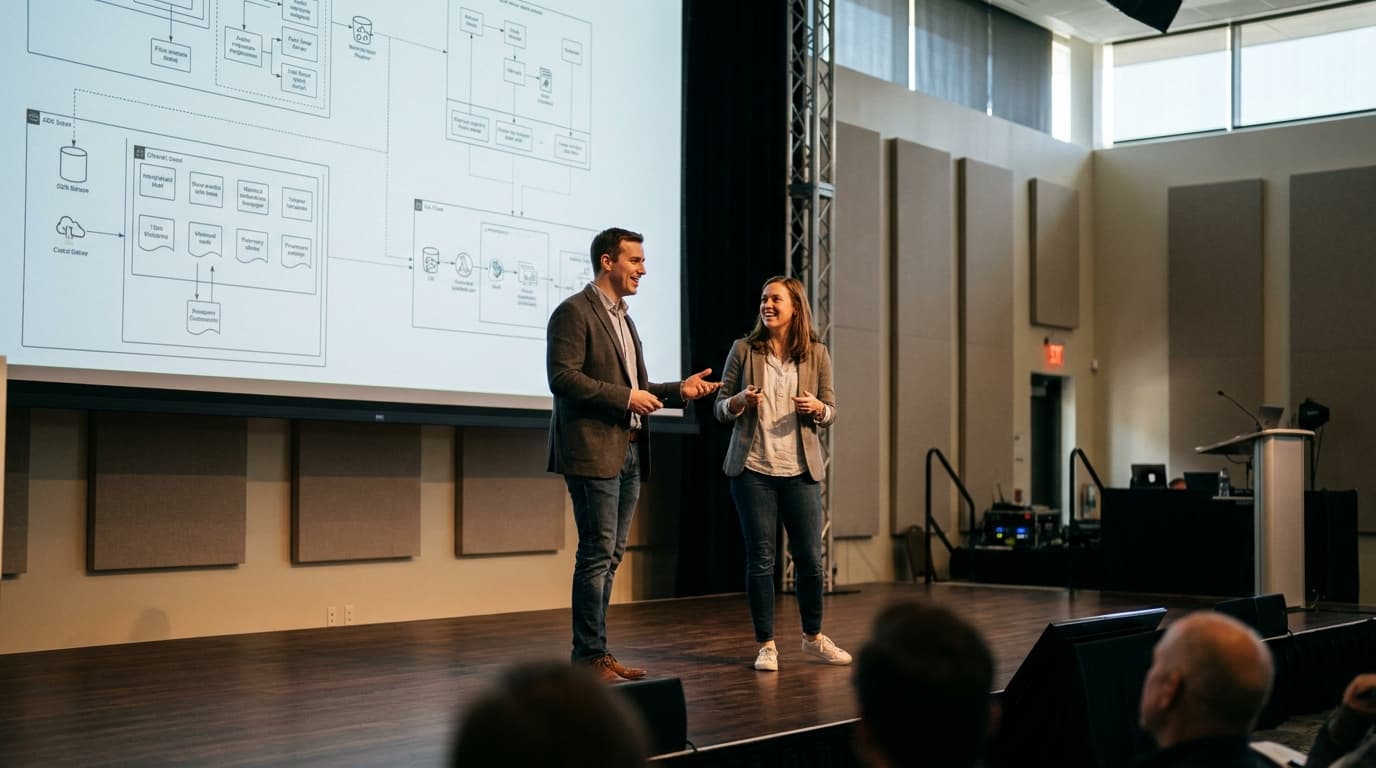 Two LinkedIn engineers presenting their AI platform architecture on a large screen at a tech conference.