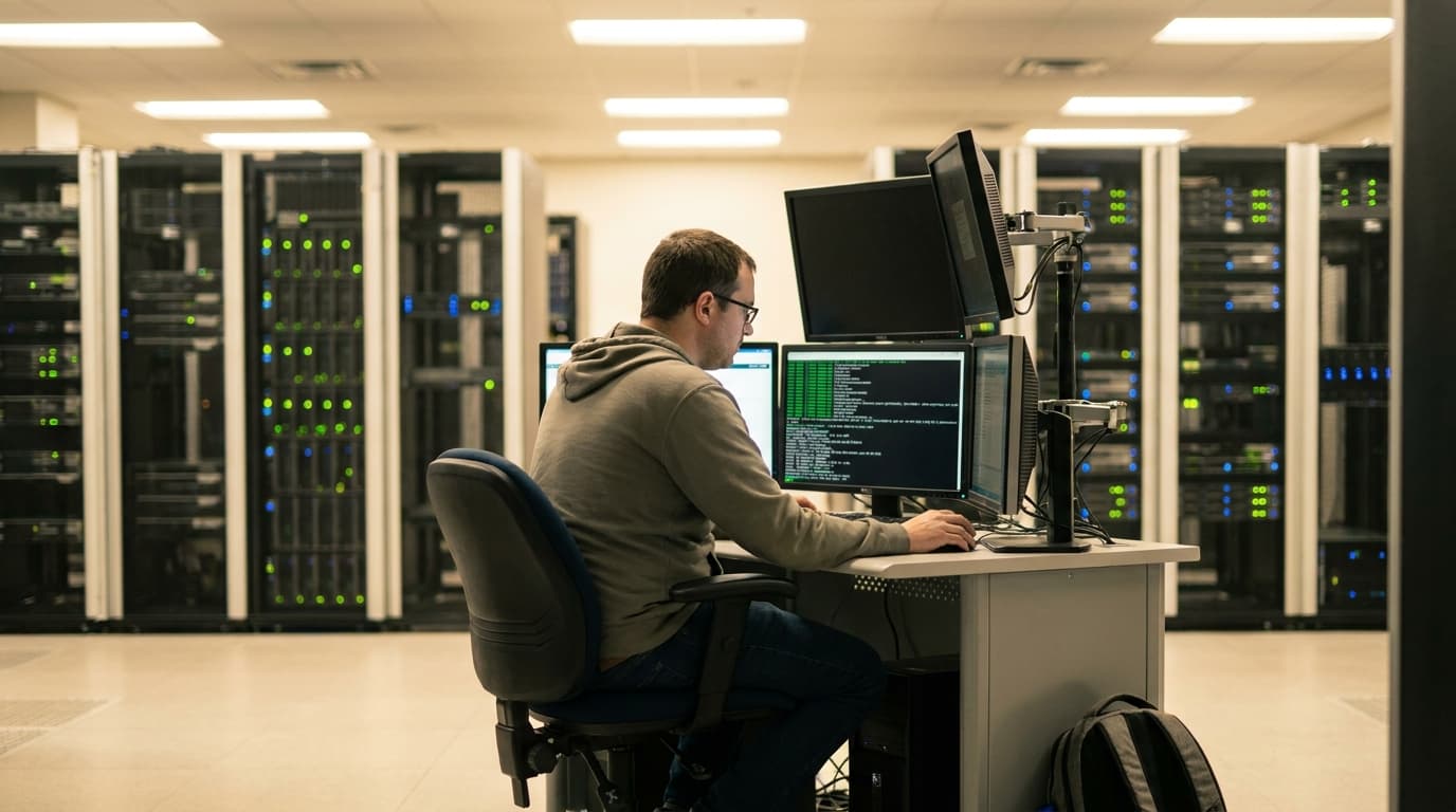 A systems administrator works on a computer terminal inside a secure data center with server racks in the background.