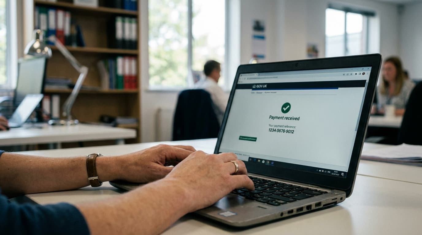 A person completes an online payment on the UK government's official website using a laptop in an office setting.