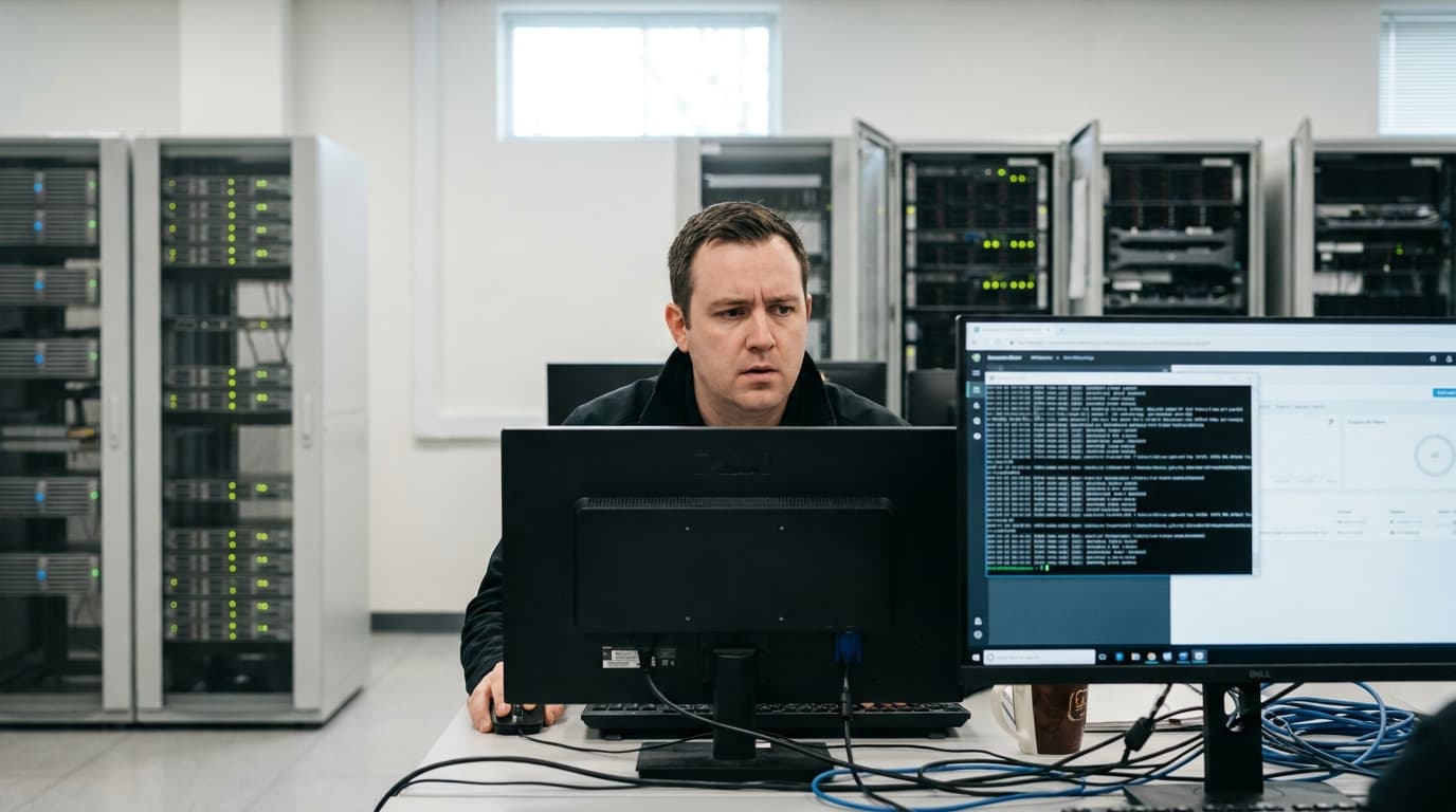 A security engineer works on a computer terminal inside a data center with server racks in the background.