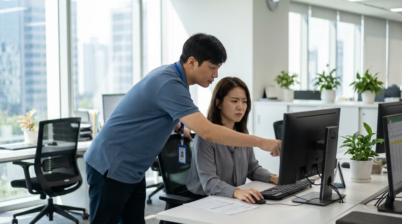 An impostor posing as an IT support worker stands beside an employee at their desk in a corporate office.