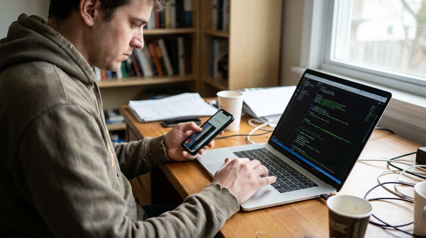 A developer sits at a desk with a laptop and uses a credit card with their smartphone, testing an app's payment feature.