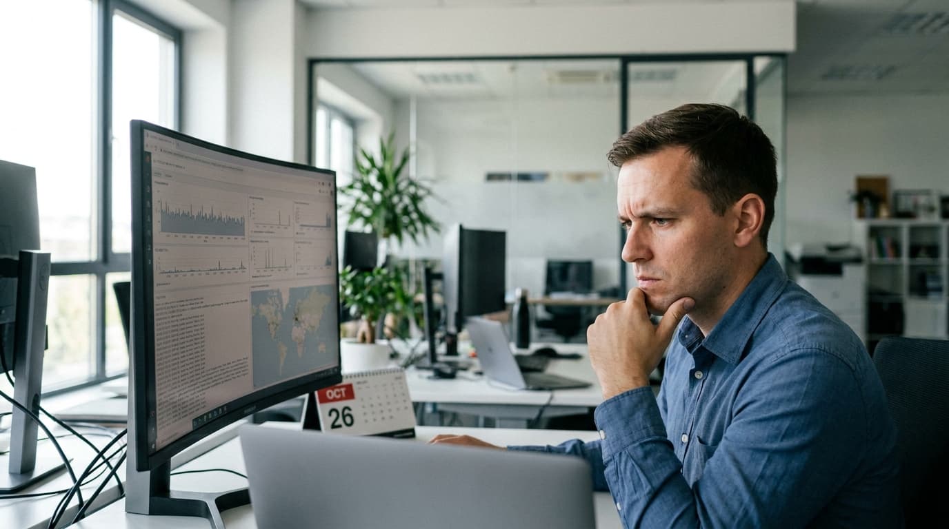 A security operations center analyst studies a screen showing complex security data in an office environment.