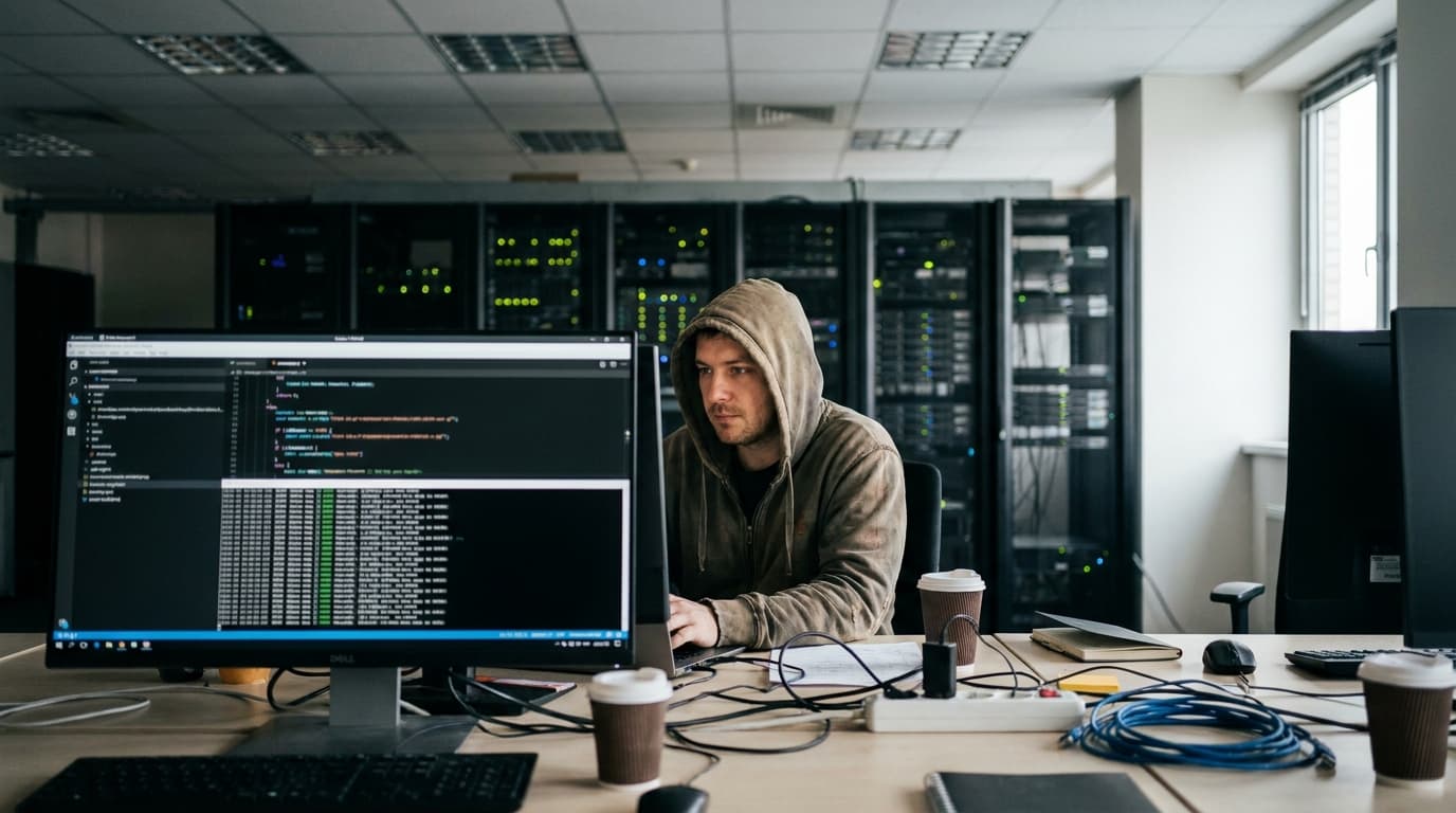 A security engineer works on a computer in a server room, applying a critical patch to protect the infrastructure.