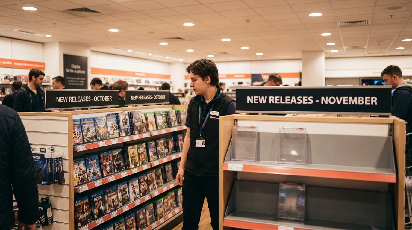 A store shelf for new video games shows a packed October section and an empty November section, illustrating a gap in releases.