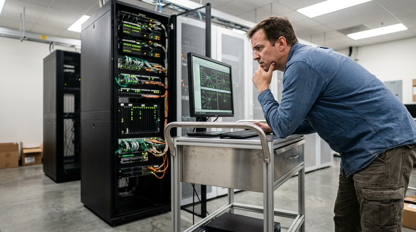 A network engineer stands in a server room, analyzing network data on a screen attached to a server rack.