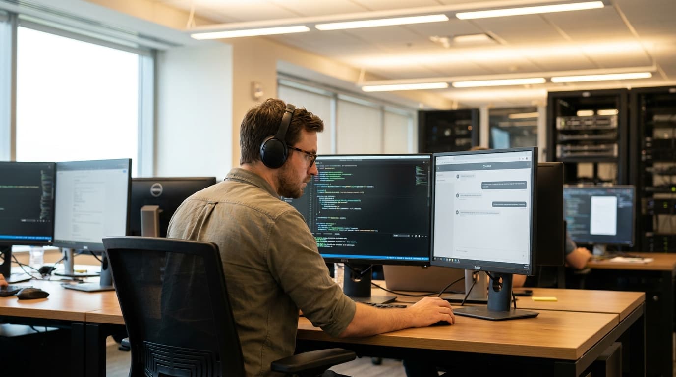 A security analyst in an office reviews code on a computer screen, with a chatbot application open on an adjacent monitor.