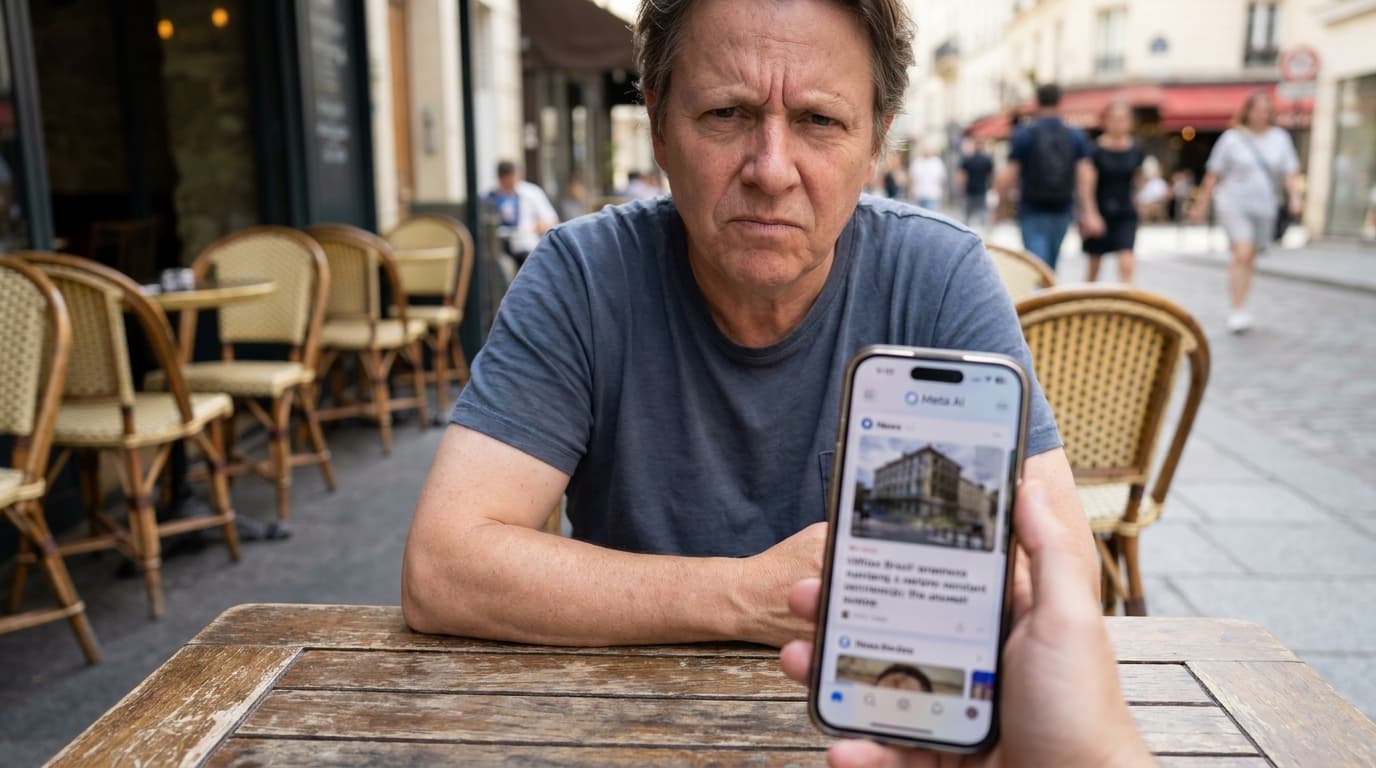 A person looking at their smartphone, which displays an AI-generated news article with a strange image in the Meta AI app.