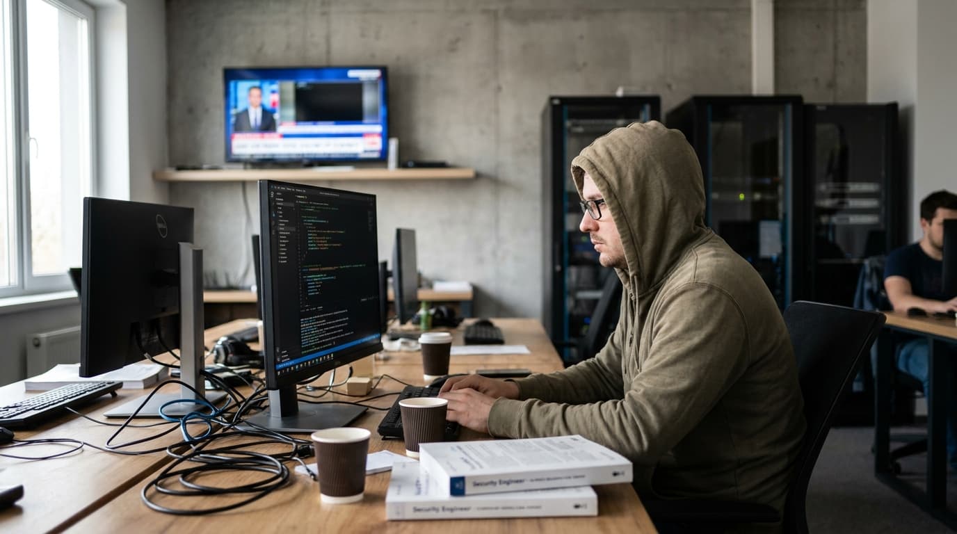 A security engineer reviews code on a computer in an office, with a smart TV on a shelf behind them.