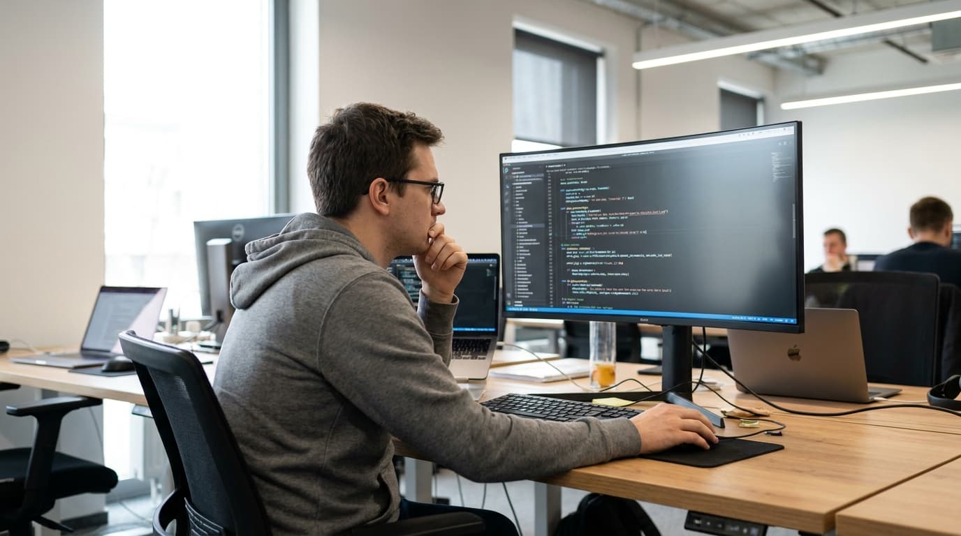 A developer at their desk looks at a computer screen displaying lines of Python code.