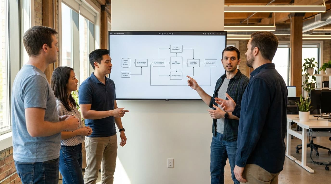 A diverse group of tech professionals collaborates in an office, pointing at a workflow chart on a large screen.
