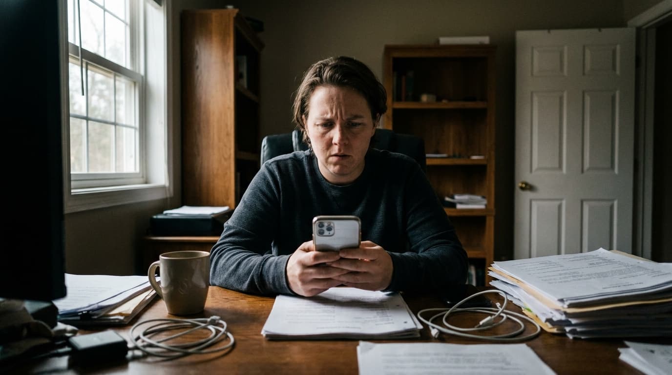 A person holds a smartphone, looking at the screen with a worried expression while sitting at a desk.