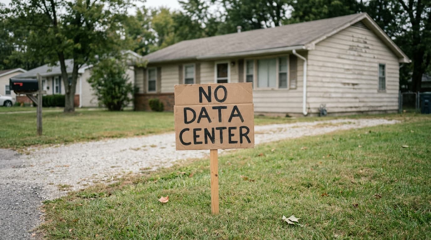 A protest sign reading 'No Data Center' on the green lawn of a suburban home in Shelbyville, Indiana.