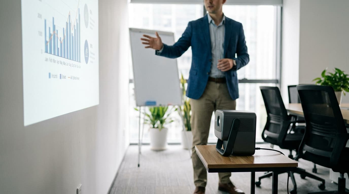 The JMGO N3 Ultimate portable 4K projector displaying a business presentation on a wall from an off-center position in a bright office.