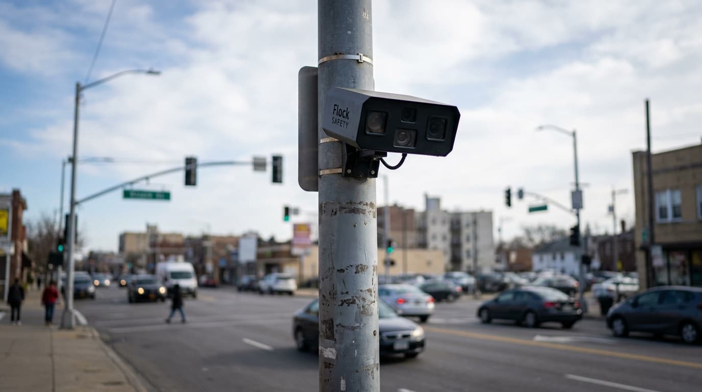 A Flock Safety license plate reader camera mounted on a metal pole next to a multi-lane road during the day.