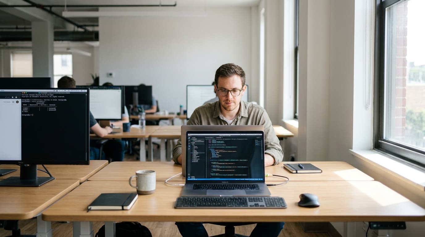 A developer working on a laptop with DynamoDB code, with a second monitor showing a PostgreSQL database interface.