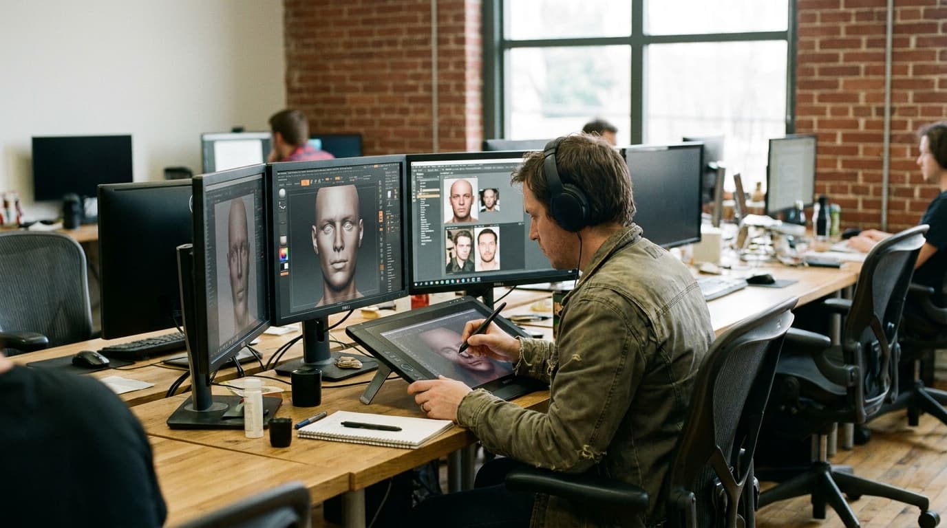 A designer uses a computer and stylus to edit the face of a realistic digital human avatar on a large screen.