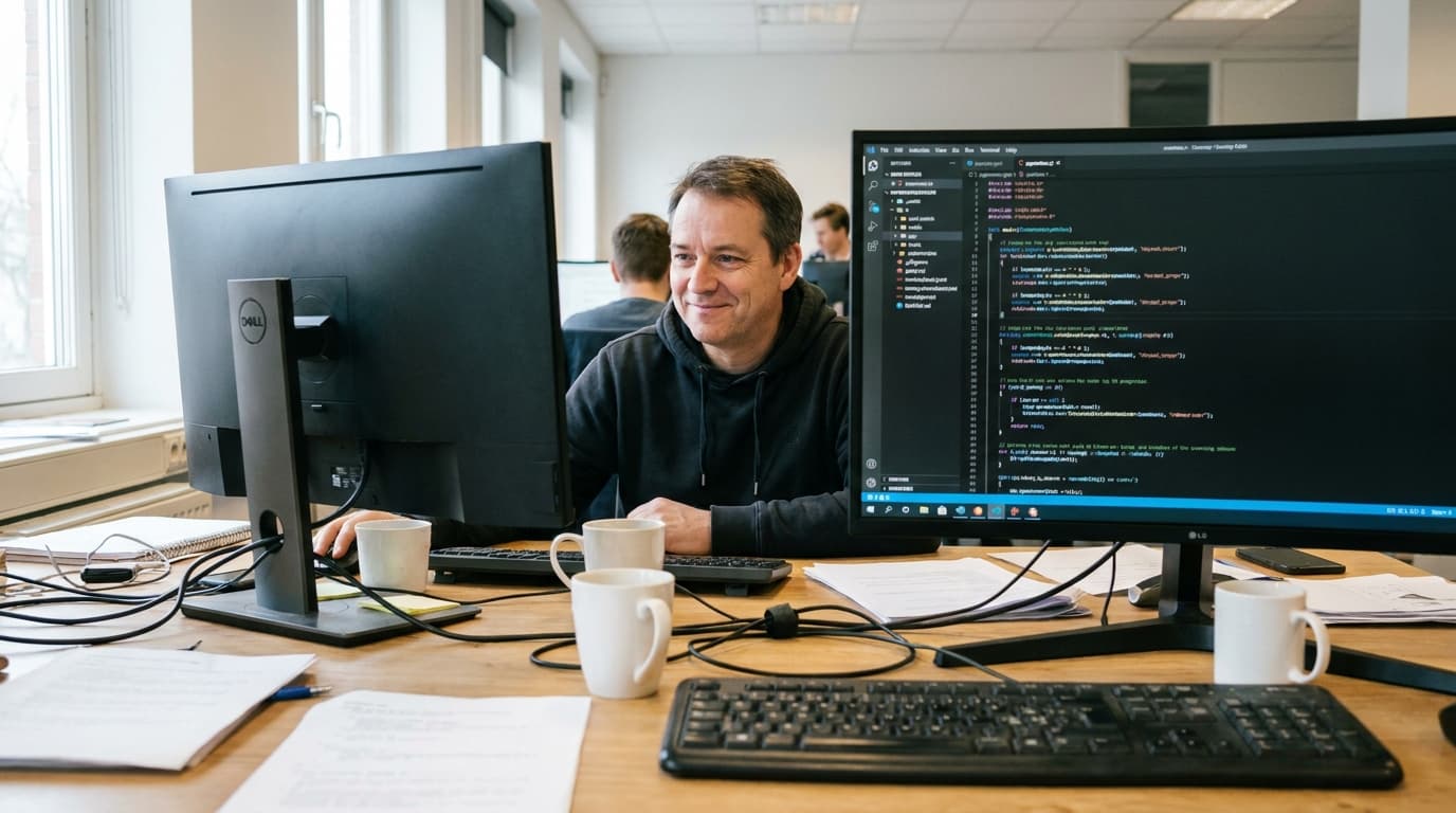 A programmer studies a screen filled with complex C code in an office setting.