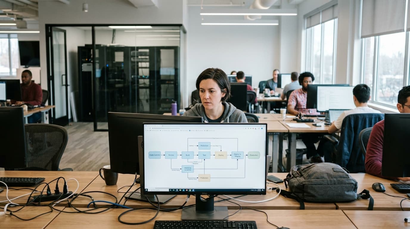 A DevOps engineer reviews a complex CI/CD pipeline diagram on a large monitor in a modern office.