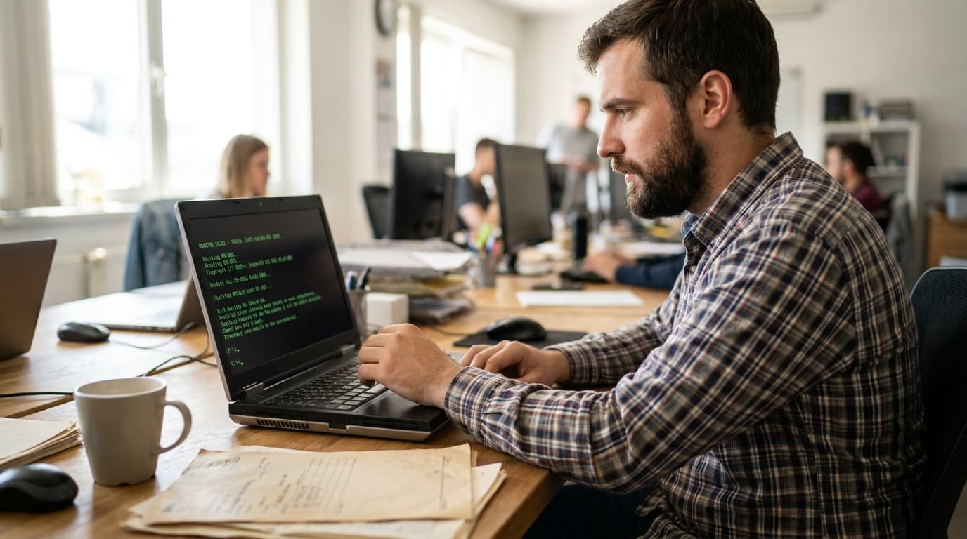 A person at a desk using a laptop to run an old operating system through the Virtual OS Museum.