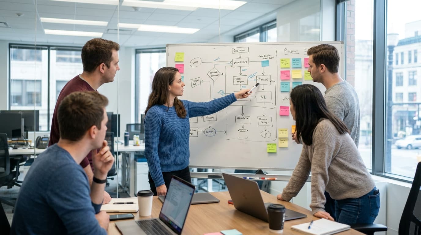 A group of software engineers collaborates around a whiteboard filled with diagrams during a planning session in an office.