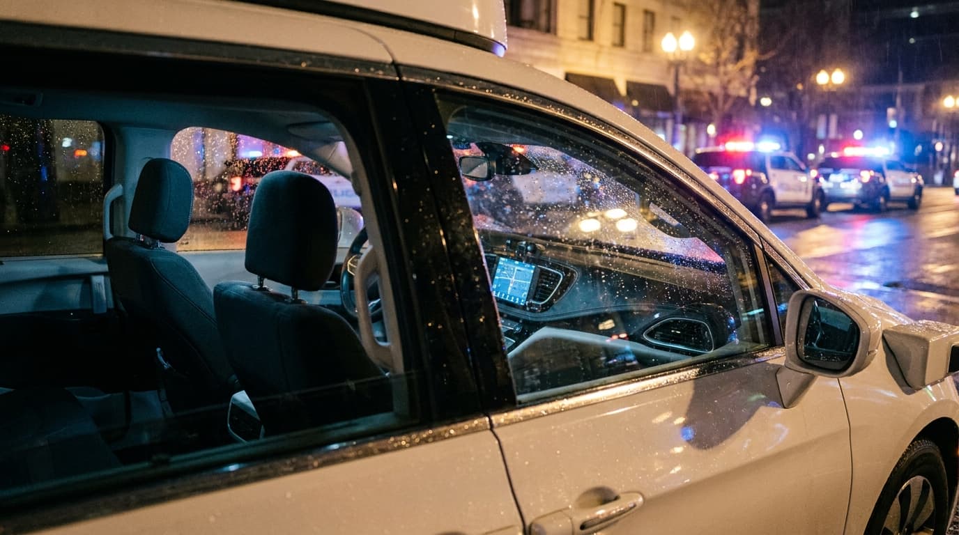 An empty white Waymo robotaxi parked on a San Francisco street at night, with police lights out of focus in the distance.