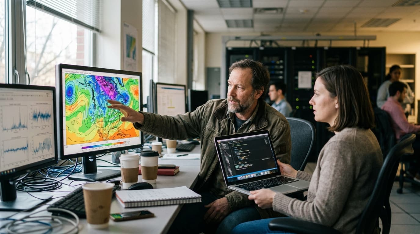 Two climate scientists in an office discuss a weather simulation on a large screen and code on a laptop.