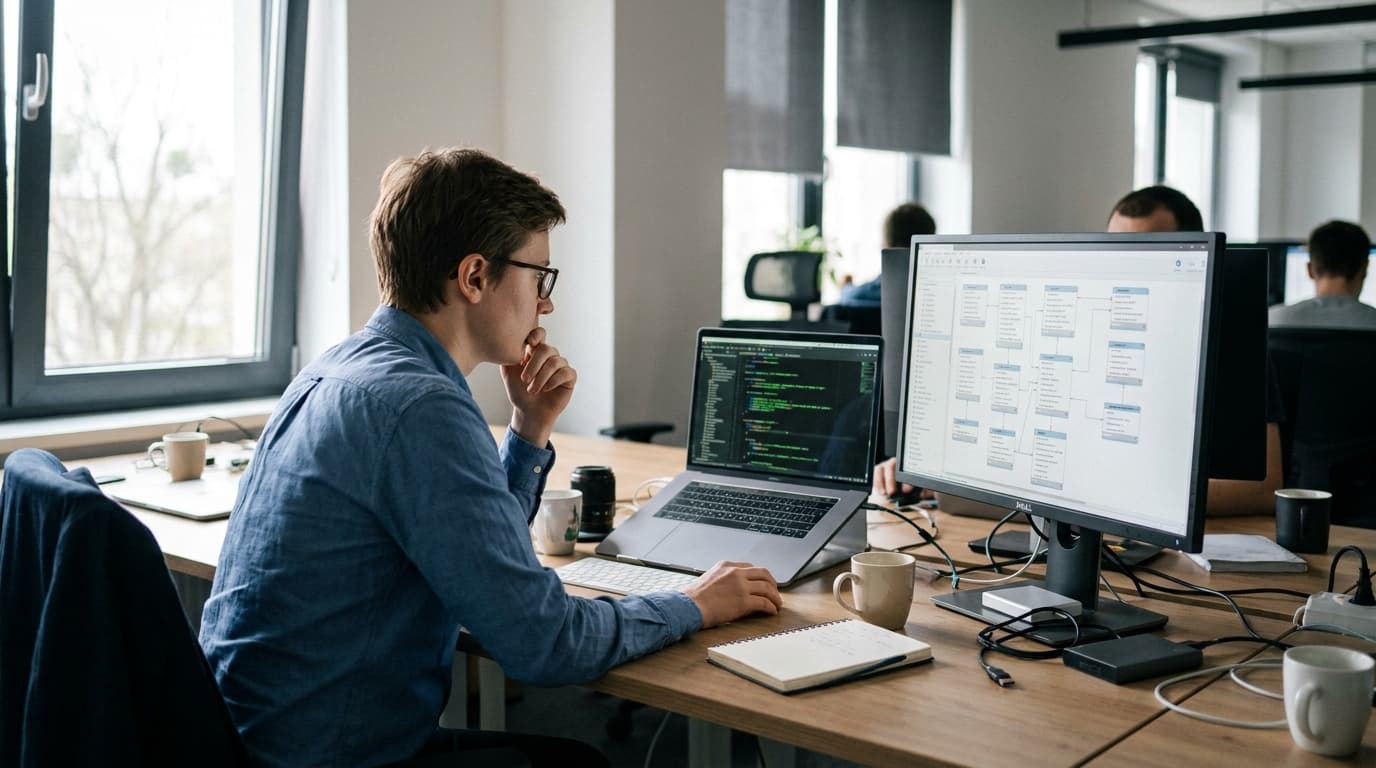 A developer sits at a desk, examining code on a laptop, with a database diagram visible on an adjacent monitor.