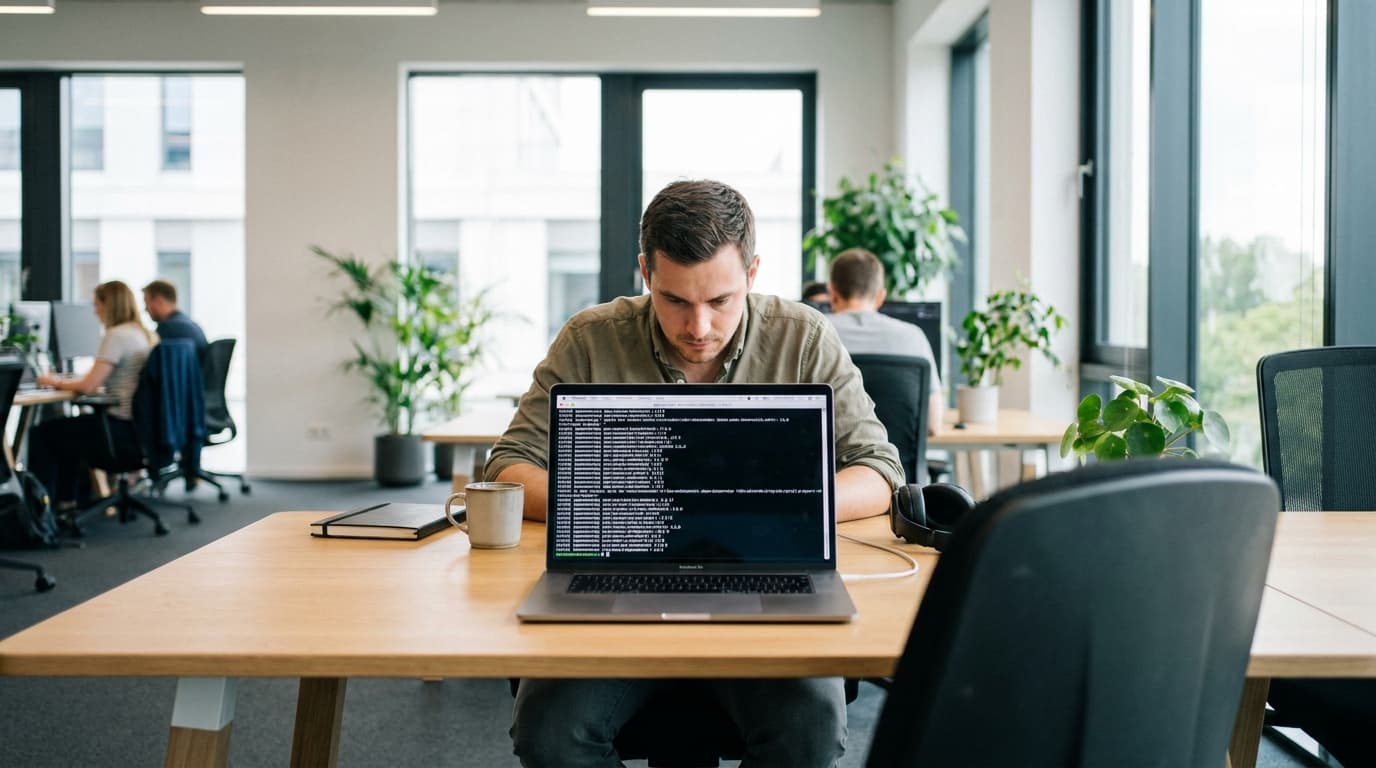 A developer reviews a list of software package dependencies on their laptop screen in an office.