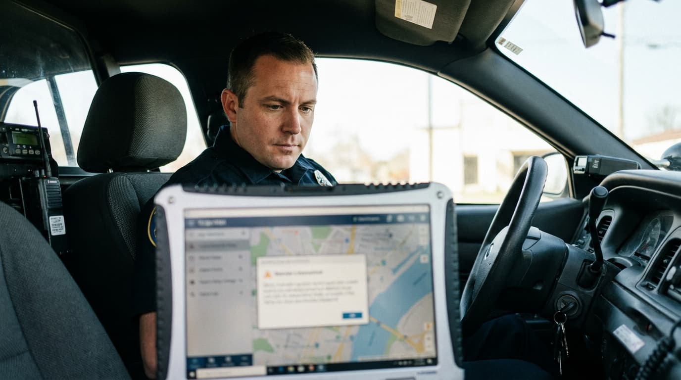A police officer sits in their patrol car, reviewing information on a dashboard-mounted laptop computer.