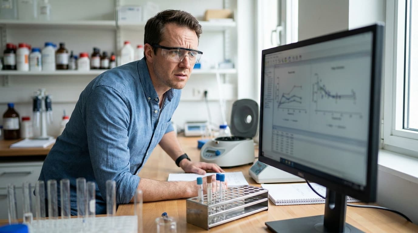 A scientist in a lab coat analyzes complex data graphs on a computer screen inside a research laboratory.