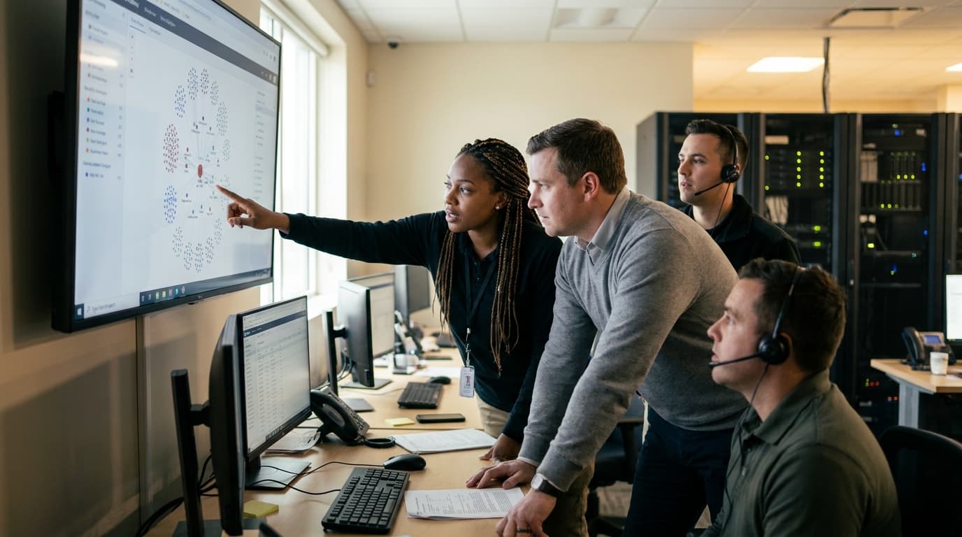 A team of security professionals working together in a control room, analyzing data on a large screen during a training exercise.