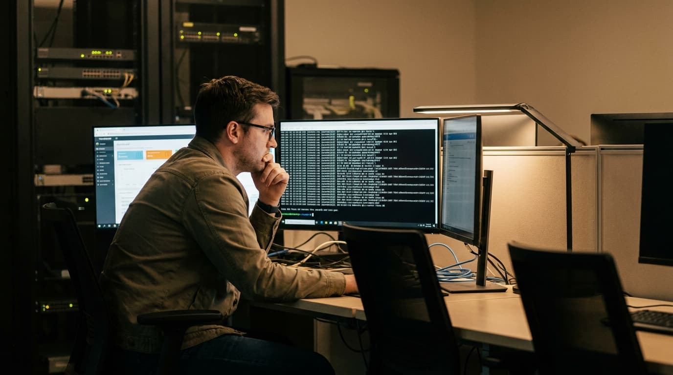A cybersecurity professional analyzes network data on a large computer screen in a security operations center.