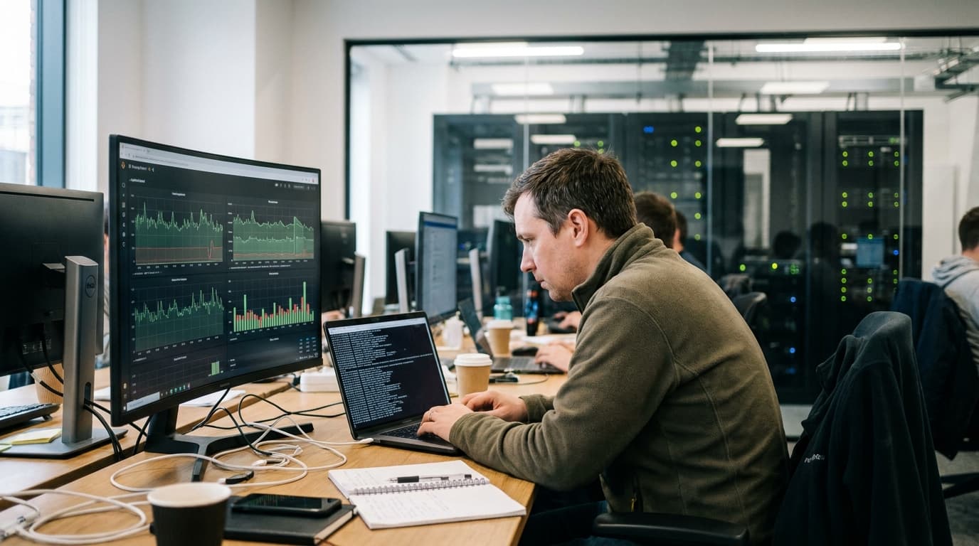 An engineer in an office analyzes system data on a laptop, with a monitoring dashboard visible on a second screen.