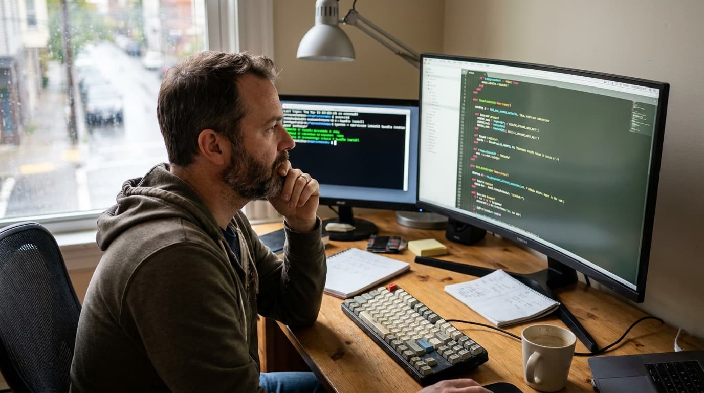 A software engineer reviews Ruby code on a computer screen in a modern office environment.