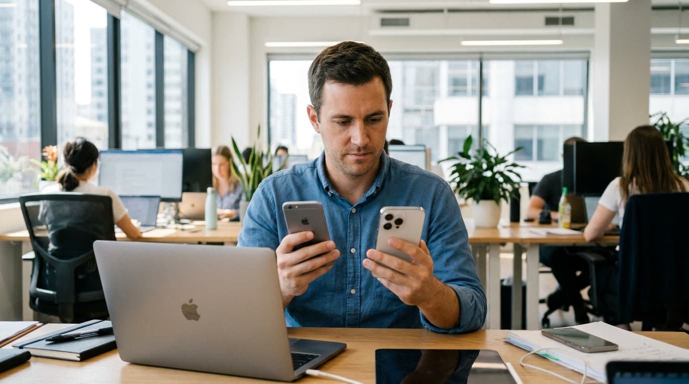 An office worker holds two different generations of iPhones side-by-side for comparison at their desk.