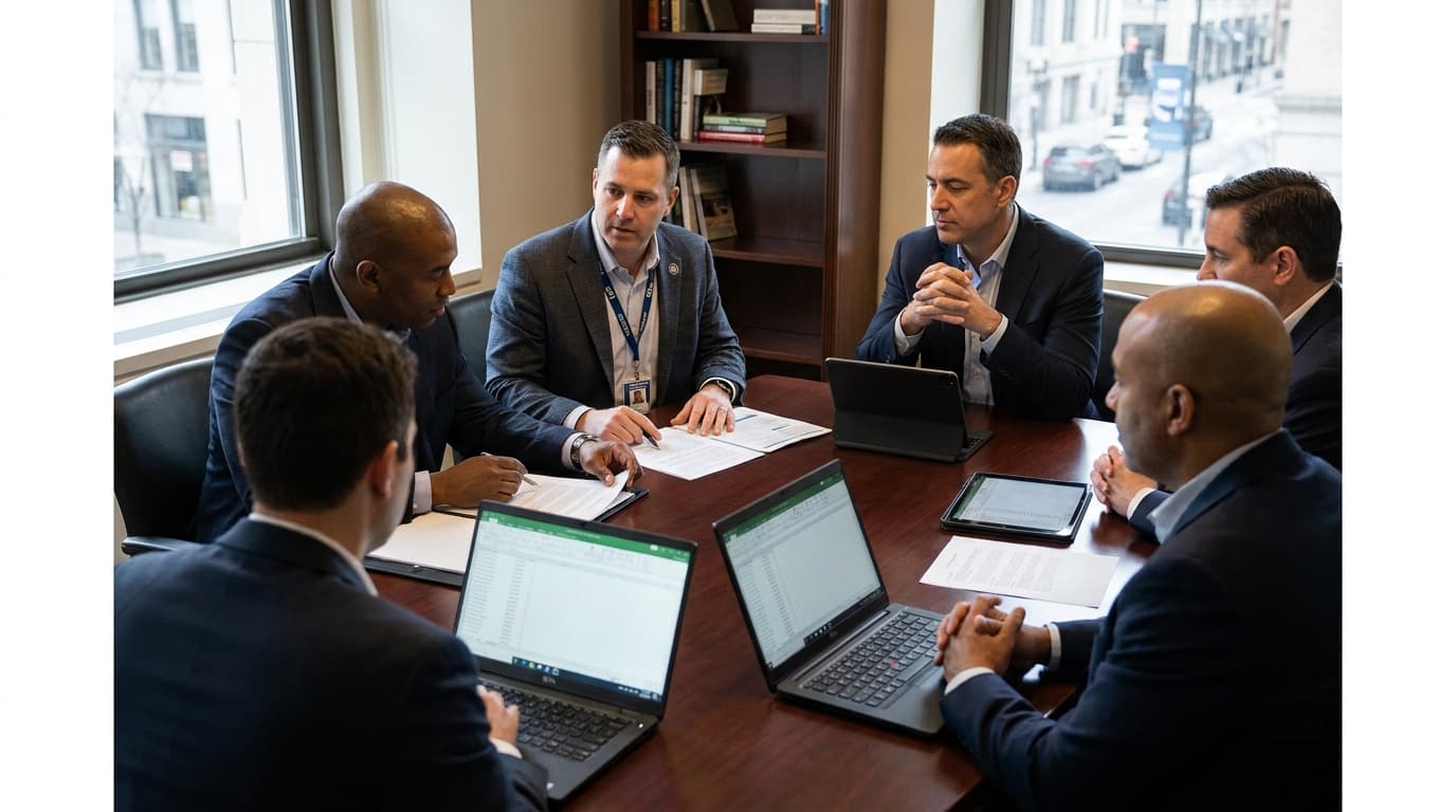A group of executives in business attire discuss strategy around a large conference table in a modern office boardroom.