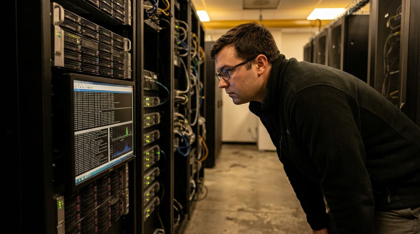 A security team member monitors network activity on a screen inside a data center server room.