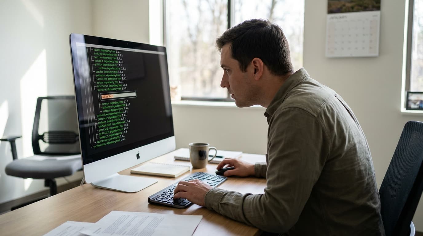 A security analyst reviews Python code on a computer screen, focusing on the Pillow library dependency in a project.